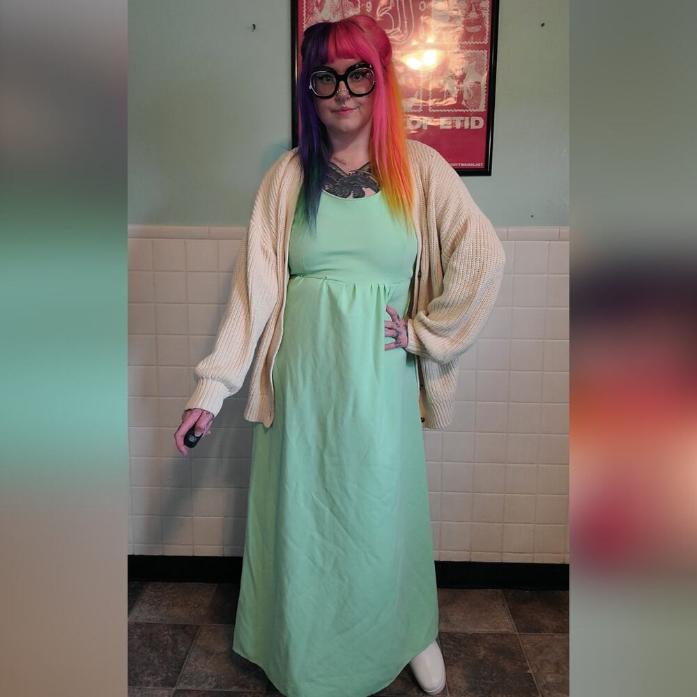 Vintage 60s Retro Pastel Mint Green Sleeveless A Line Maxi Dress